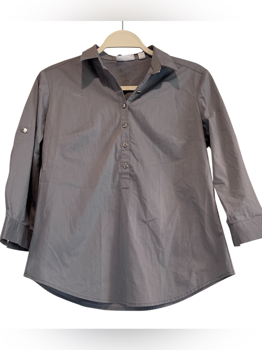 New York & Company Women's Stretch Shirt Top Gray Button Front Size XS Casual